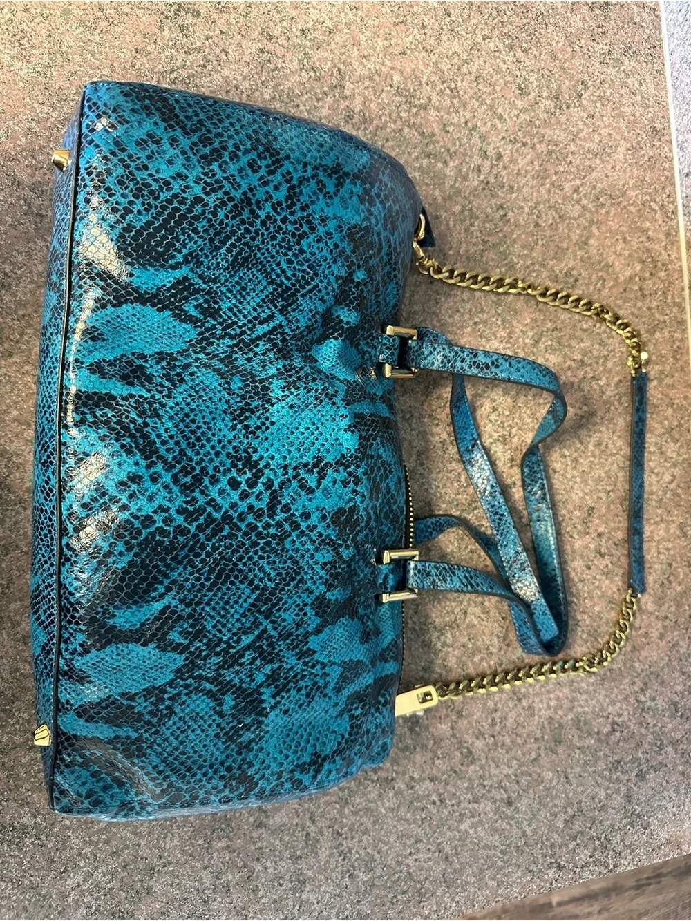 Juicy Couture Teal Snake-Print Shoulder Bag with Gold Chain Accents
